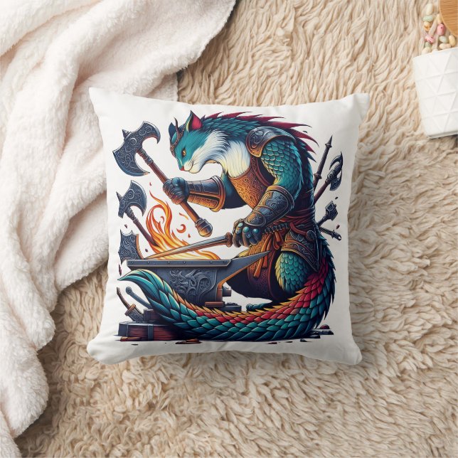 Enchanted Cat Blacksmith Forging Weapons at Dusk Cushion (Blanket)