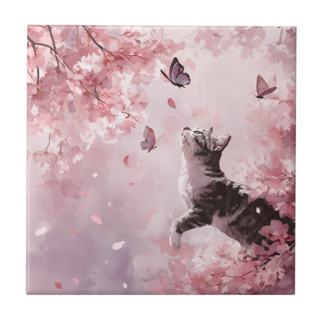 Enchanted Cat with Glowing Butterfly Wings Ceramic Tile (Front)