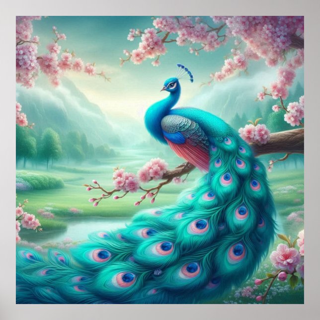 Enchanted Cherry Blossom Peacock Poster (Front)