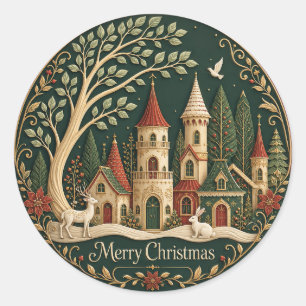 Enchanted Christmas Village in the Evergreen Wood Classic Round Sticker