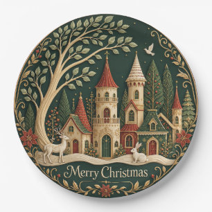 Enchanted Christmas Village in the Evergreen Wood Paper Plate