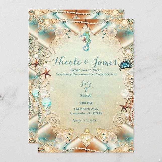 Enchanted Cream Under Sea Pearls Ribbon Wedding Invitation (Front/Back)