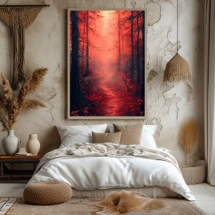 Enchanted Crimson Forest in Monochrome Red Poster