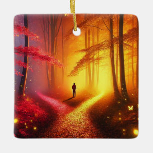Enchanted Crossroads – Vibrant Autumn Forest Art P Ceramic Ornament