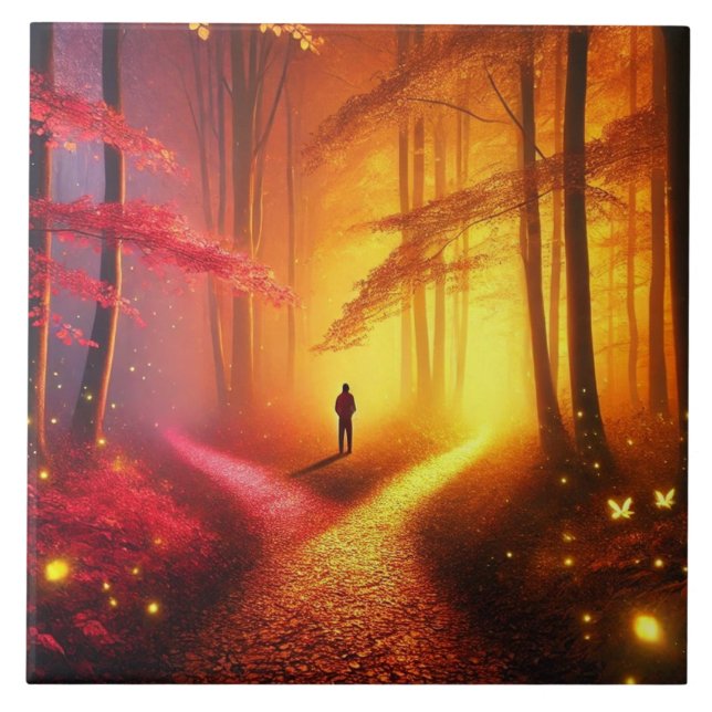 Enchanted Crossroads – Vibrant Autumn Forest Art P Ceramic Tile (Front)