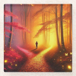 Enchanted Crossroads – Vibrant Autumn Forest Art P Glass Coaster