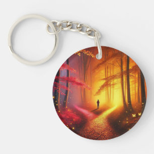Enchanted Crossroads – Vibrant Autumn Forest Art P Key Ring