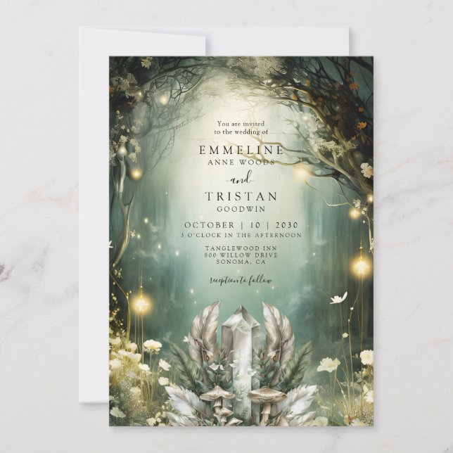 Enchanted Crystal Forest Garden Green Wedding Invitation (Front)