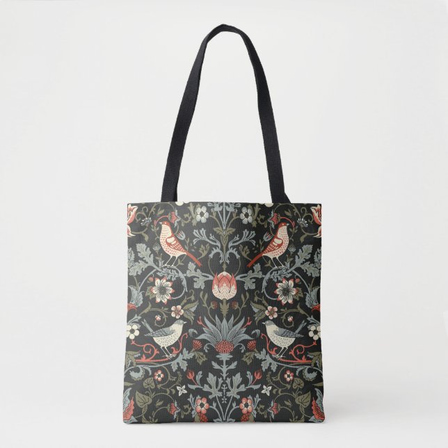 Enchanted Dark Vintage Floral Birds Tote Bag (Front)