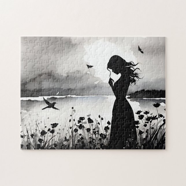 Enchanted Daydream: Black & White Thinking Woman Jigsaw Puzzle (Horizontal)