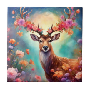 Enchanted Deer With Flowers Ceramic Tile