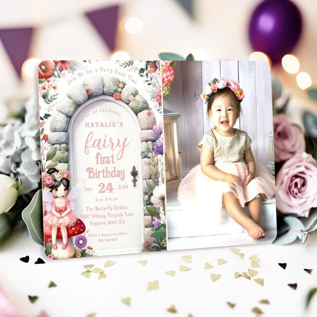 Enchanted Doorway Fairy First Birthday Party Photo Invitation (Fairy First Birthday Photo Invitation with Black Hair Fairy Girl and Enchanted Doorway.)