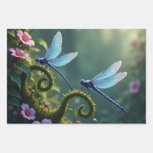 Enchanted Dragonfly Floral Set Wrapping Paper Sheet