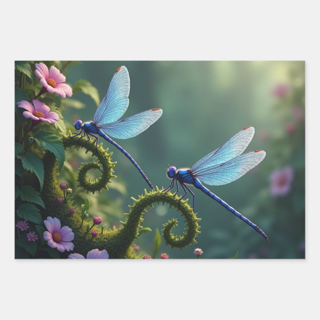 Enchanted Dragonfly Floral Set Wrapping Paper Sheet (Front)