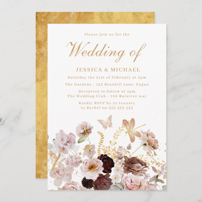 Enchanted Dream: Blush Gold Magical Floral Wedding Invitation (Front/Back)
