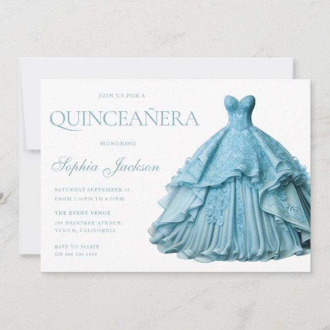 Enchanted Dusty Blue Dress Gown Quinceanera  Invitation (Front)