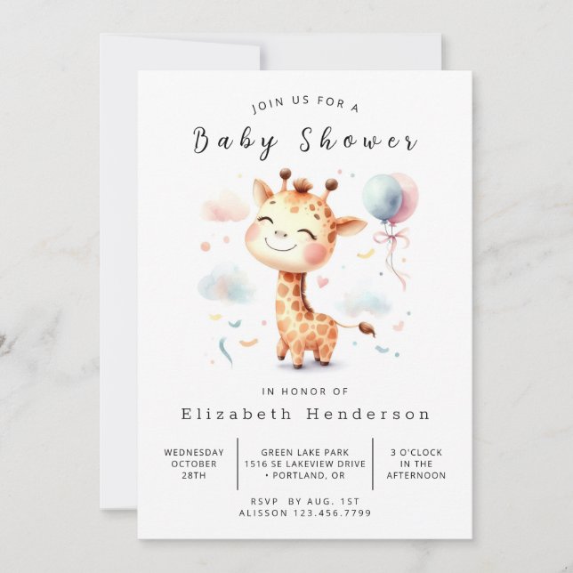  Enchanted Editable Giraffe Baby Shower Invitation (Front)