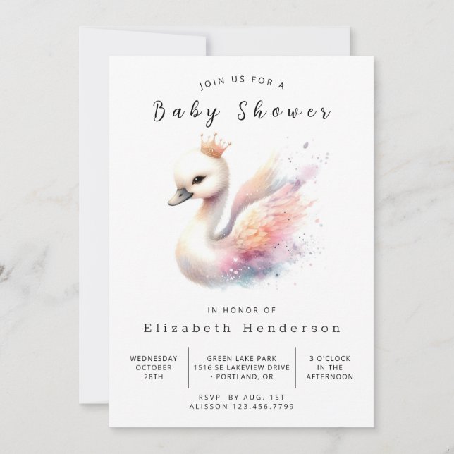 Enchanted Editable Swan Baby Shower Invitation (Front)
