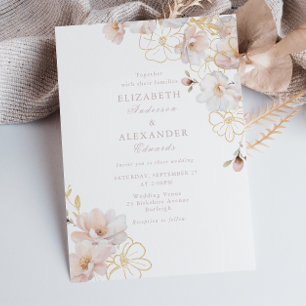 Enchanted Elegance Blush & Gold Wildflower Wedding Invitation