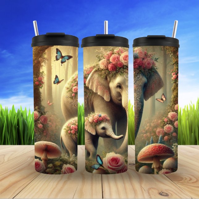 Enchanted Elephants in Floral Forest Thermal Tumbler (Creator Uploaded)