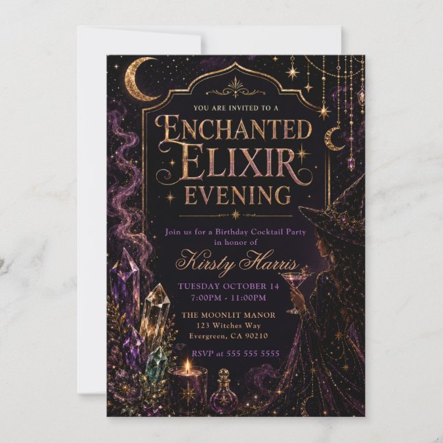 Enchanted Elixir Witch Birthday Evening Invitation (Front)
