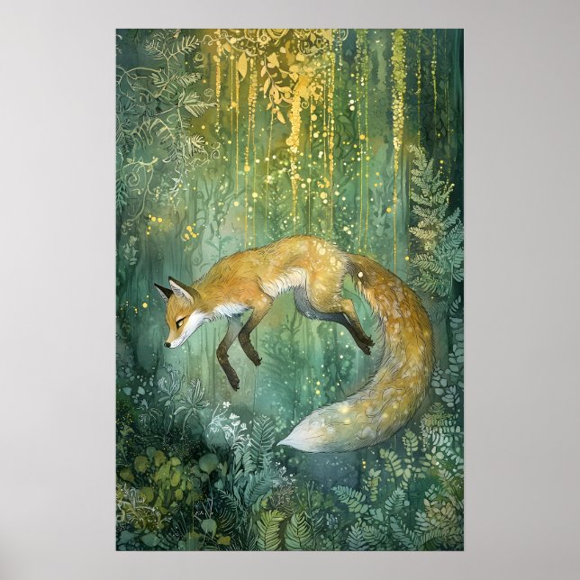 Enchanted Emerald Forest Magical Fox Art Poster (Front)