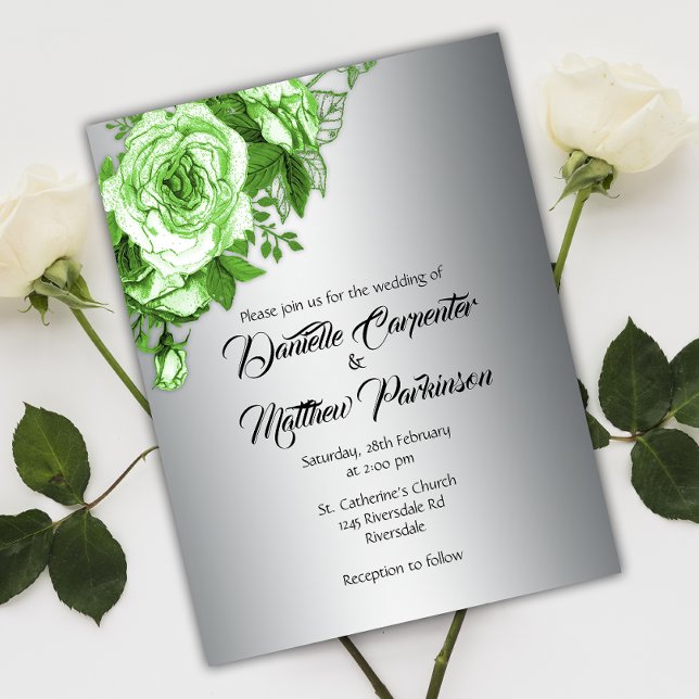 Enchanted Emerald Garden Roses on Silver Wedding Postcard (Creator Uploaded)
