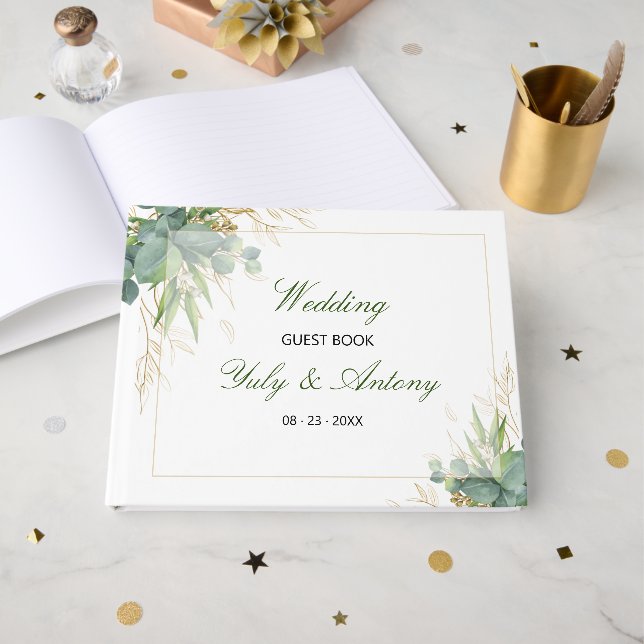 Enchanted Emerald Leaves Botanical Wedding Guest Book (Front Open)