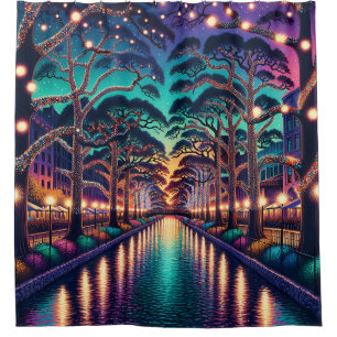 "Enchanted Evening Stroll: San Antonio Riverwalk" Shower Curtain