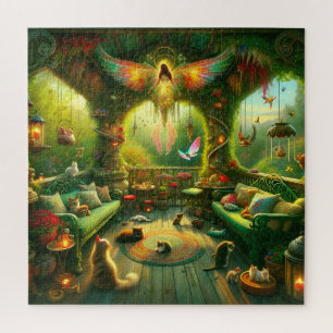 Enchanted Fairy Cat Garden Porch Jigsaw Puzzle
