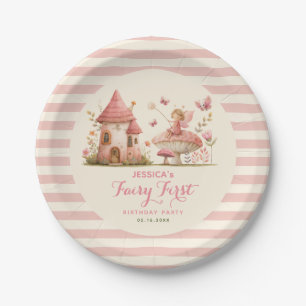 Enchanted Fairy First Pink Striped Birthday Party Paper Plate