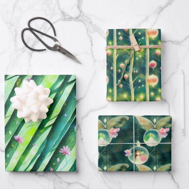 Enchanted Fairy Forest Wrapping Paper Flat Set (Front)