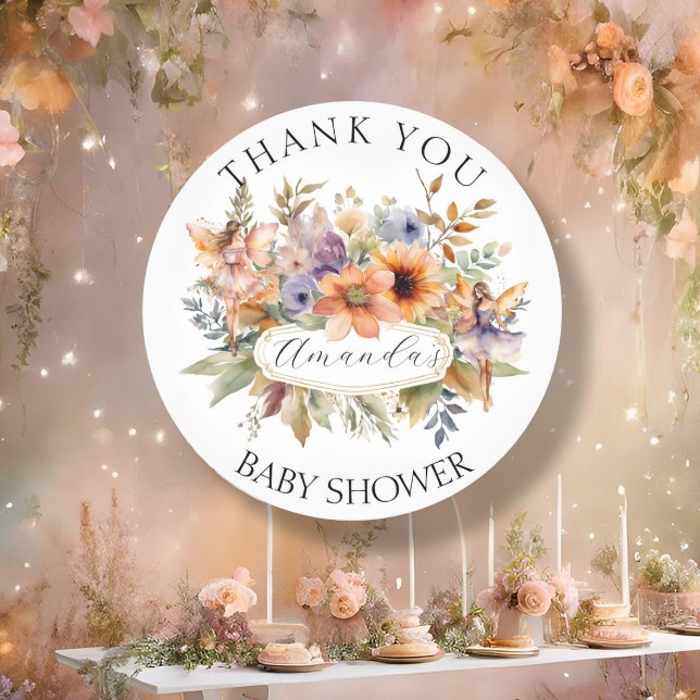 Enchanted Fairy Garden Thank You Baby Girl Shower Classic Round Sticker (Creator Uploaded)