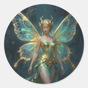 Enchanted Fairy in Gold and Turquoise  Classic Round Sticker