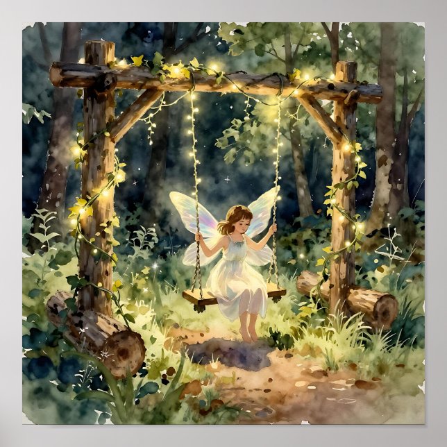 Enchanted Fairy on a Swing in a Magical Forest Poster (Front)