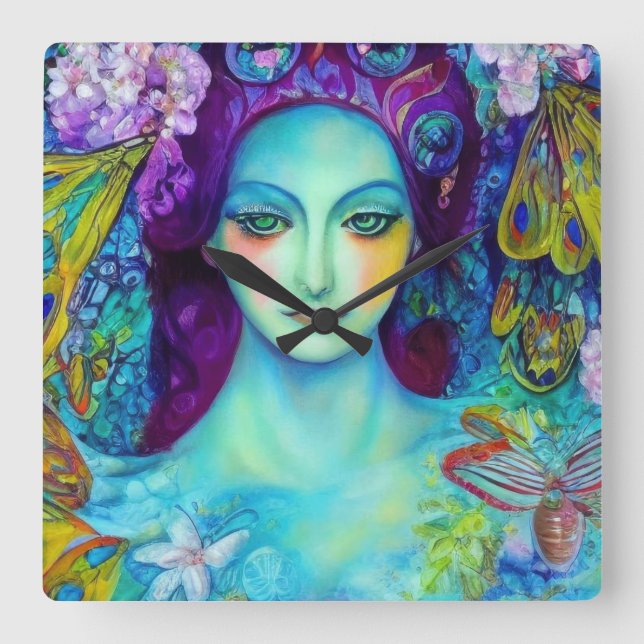 Enchanted Fairy Queen with Butterflies Square Wall Clock (Front)