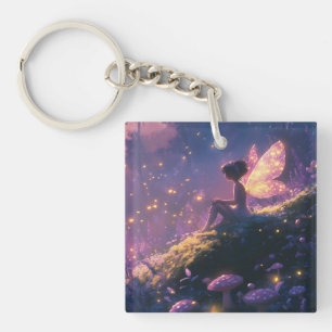 Enchanted Fairy Sitting in a Magical Forest Key Ring