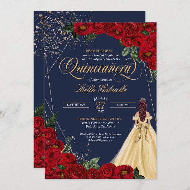 Enchanted Fairy tale Red Rose Princess Quinceañera Invitation (Front/Back)