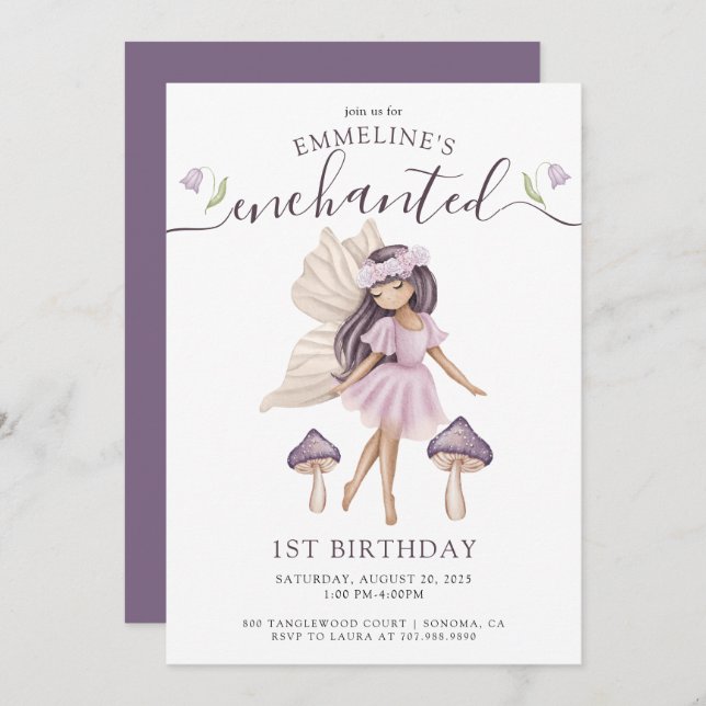 Enchanted Fairy Watercolor 1st Birthday Invitation (Front/Back)