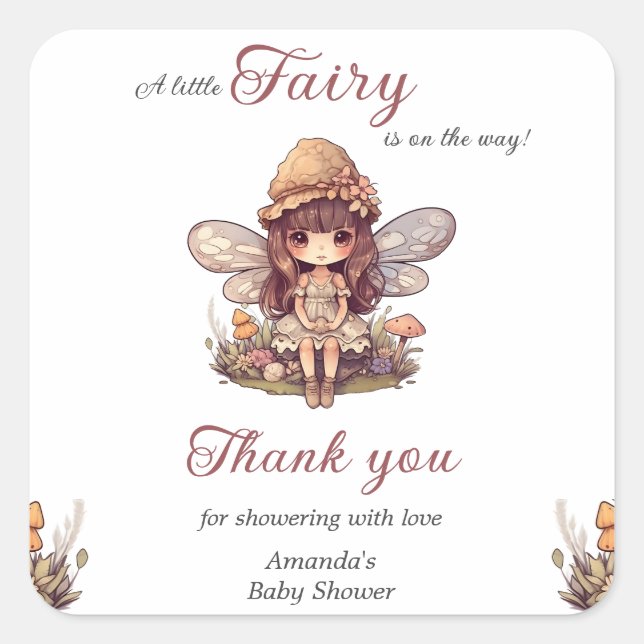 Enchanted Fairy with Mushrooms Girl Baby Shower Square Sticker (Front)