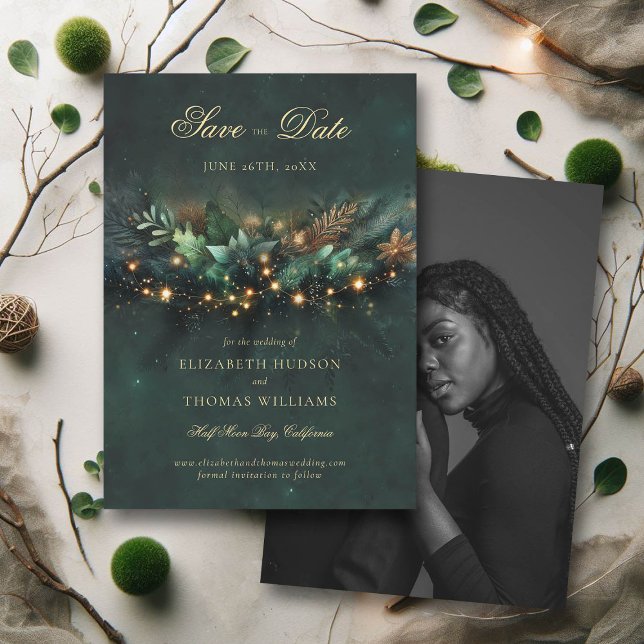 Enchanted Fairytale Forest Photo Wedding Save Date Invitation (wedding save the date enchanted forest fairytale magical garden fairy lights gold calligraphy)