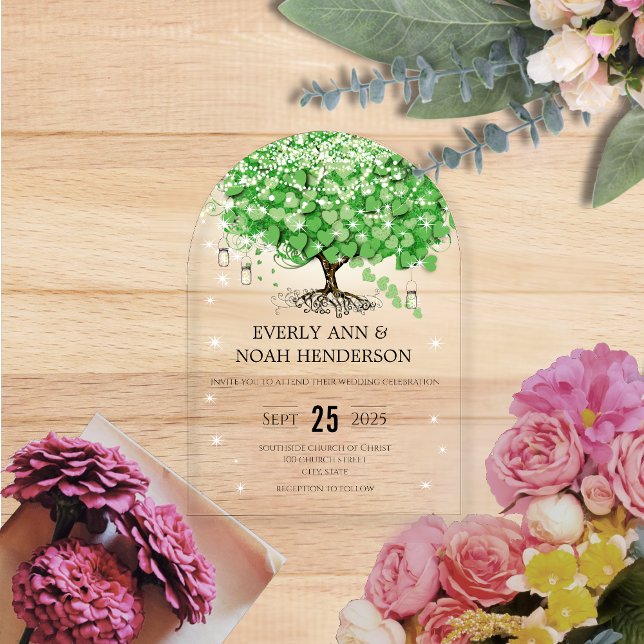 Enchanted Fairytale Green Heart Leaf Tree Wedding Acrylic Invitations (Creator Uploaded)