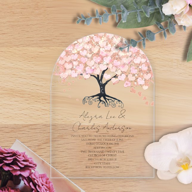 Enchanted Fairytale Pink Heart Leaf Tree Wedding Acrylic Invitations (Creator Uploaded)