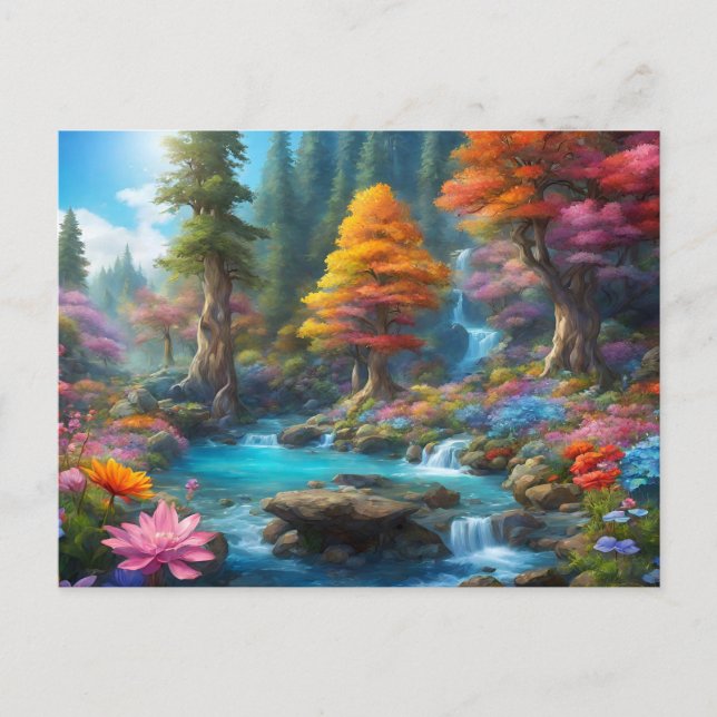 Enchanted Fantasy Forest, Waterfall, Flowers  Postcard (Front)