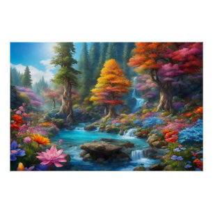 Enchanted Fantasy Forest, Waterfall, Flowers Poster