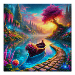 Enchanted Floral Boat on Serene Waters Fantasy Poster