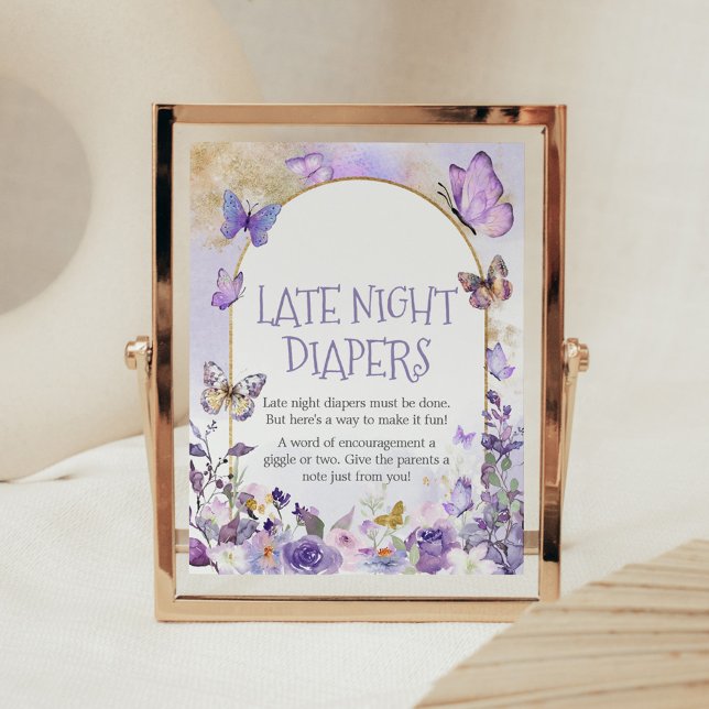 Enchanted Floral Butterfly Late Night Diapers Poster (Enchanted Floral Butterfly Arch Baby Shower Late Night Diapers Sign)