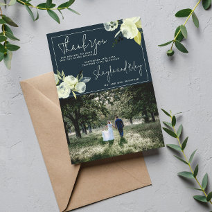 Enchanted Floral Midnight Blue Flowers Wedding Thank You Card