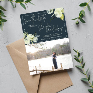 Enchanted Floral Midnight Blue Photo Save The Date
