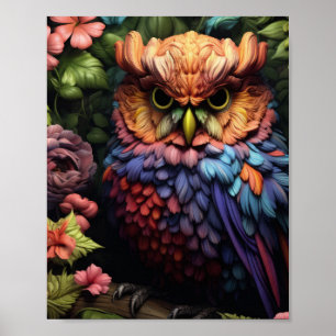 Enchanted Floral Owl – Vibrant Fantasy Forest Art Poster